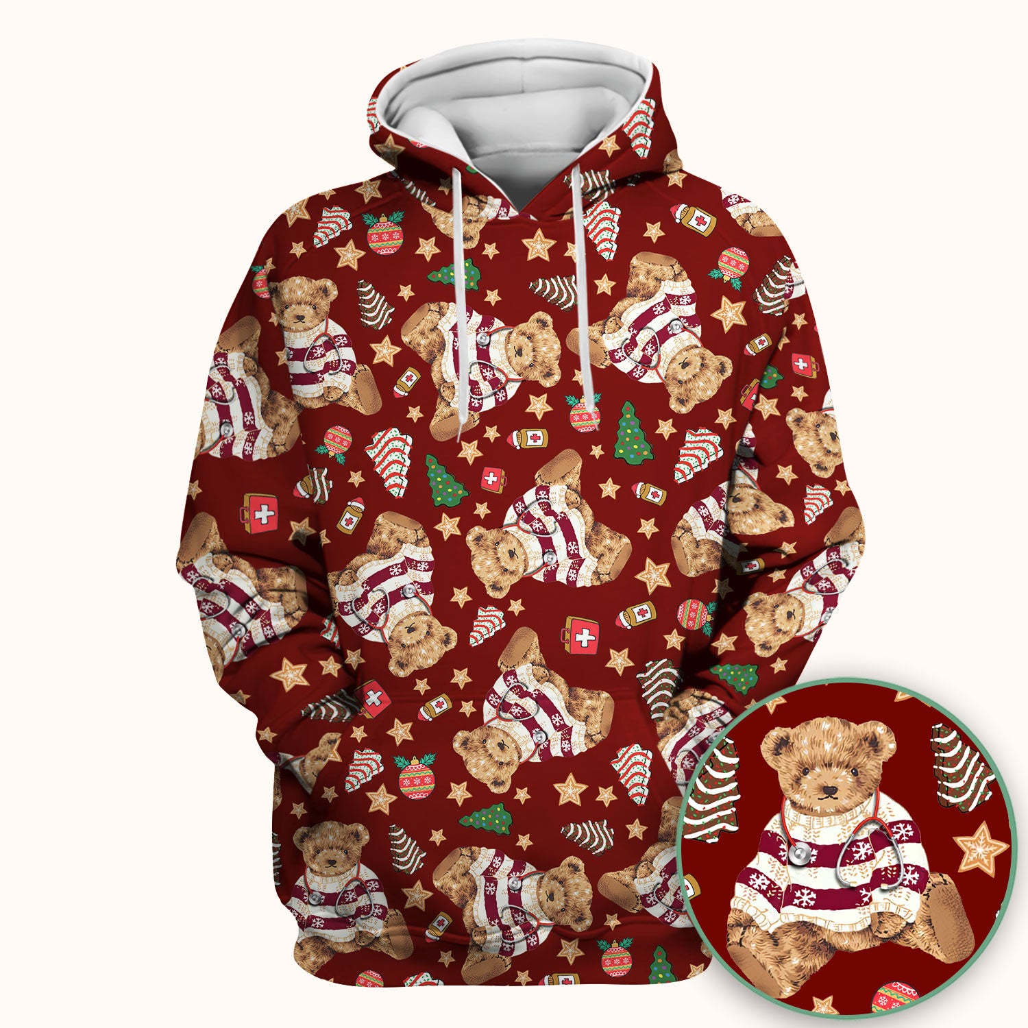 Teddy Bear Christmas Scrub Top - Cute Holiday Medical Pattern with Warm Sweater Bear - Gift for Nurses RN CNA LPN