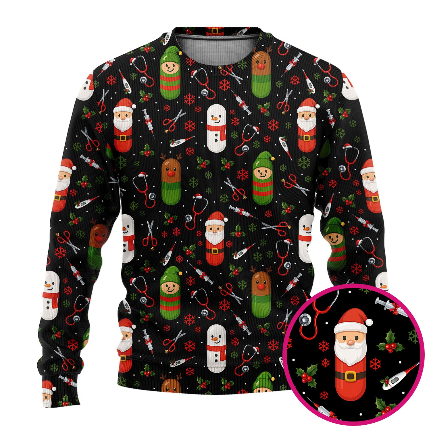 Santa Christmas Scrubs Set - Cute Holiday Pattern with Reindeer and Snowman - Fun Medical Scrub Top and Pants for Women Nurses