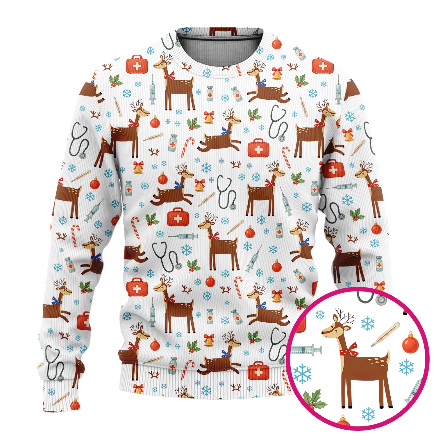 Christmas Reindeer Scrub Set for Nurses - Cute Reindeers Snowflakes Candy Canes - Comfortable Med Uniform