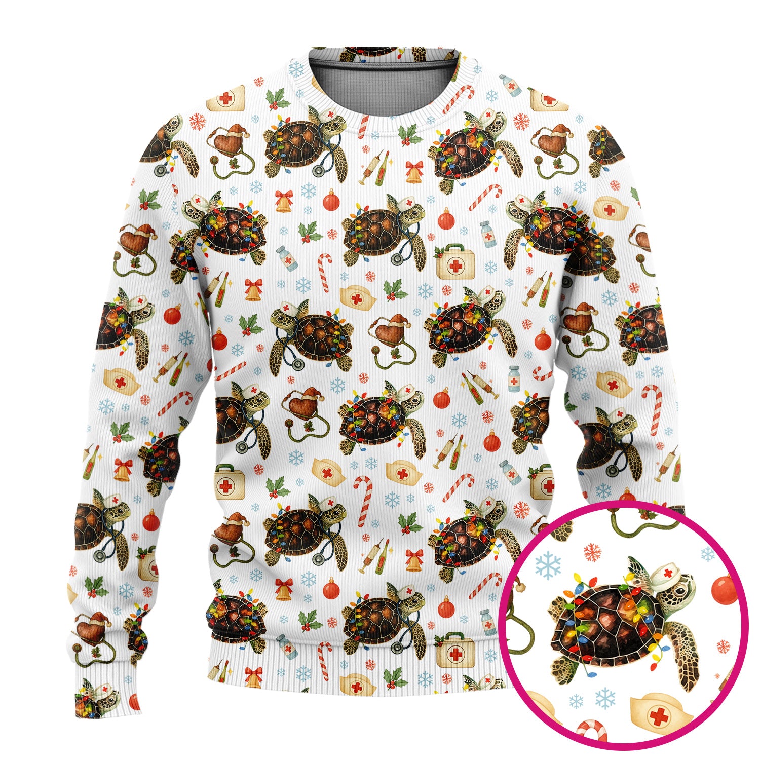 Funny Christmas Scrub Set - Sea Turtle with Xmas Lights Scrubs Pants and V Neck Top - Holiday Nurse Med Uniform for Women