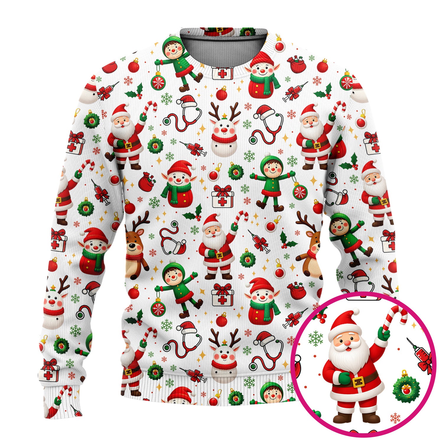 Christmas Comfortable Scrubs for Nurses - Cute Santa Reindeer Scrubs Pants and V Neck Top - Festive Holiday Med Uniform for Women