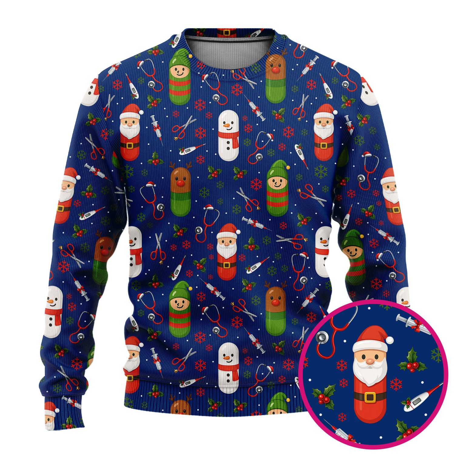 Santa Christmas Scrubs Set - Cute Holiday Pattern with Reindeer and Snowman - Fun Medical Scrub Top and Pants for Women Nurses