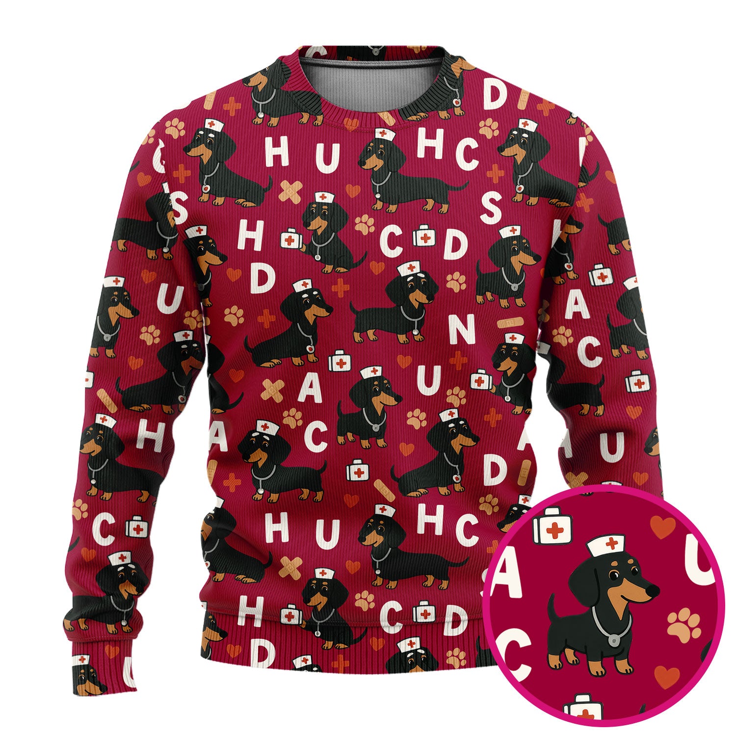 Dachshund Nurse Scrub Set for Women - Cute Sausage Dog Pattern Scrubs Top and Pants - Funny Animal Print Gift for RN LPN CNA