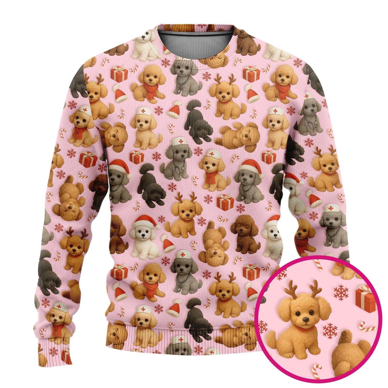 Christmas Poodle Scrubs Set for Women - Cute Dog Pattern Scrub Top & Pants - Festive Holiday Christmas Scrubs with Adorable Poodle Design
