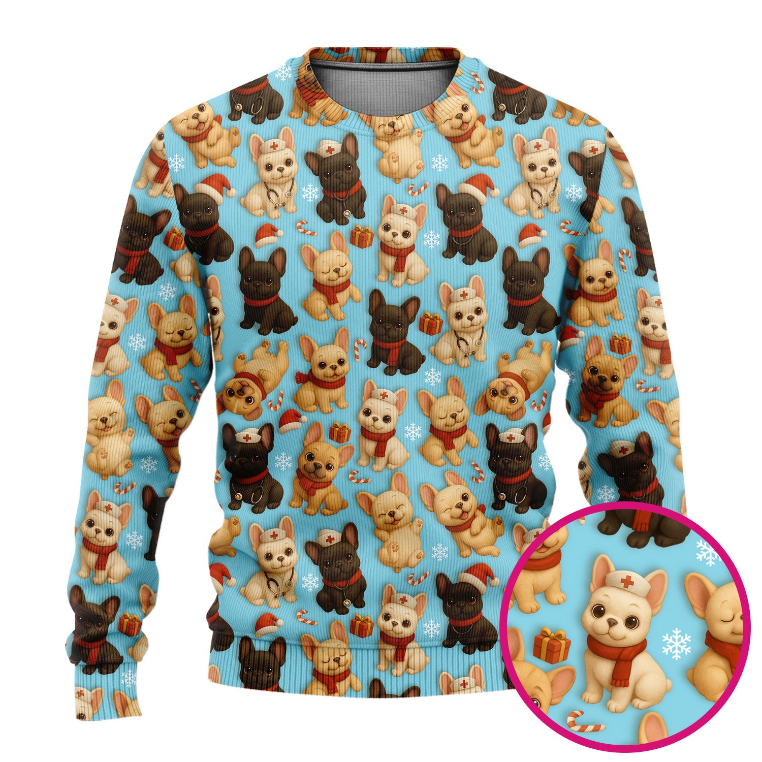 French Bulldog Scrubs Christmas Nurse Set - Cute Holiday Dogs with Candy Canes, Snowflakes & Gifts - Fun Festive Christmas Scrubs for Women