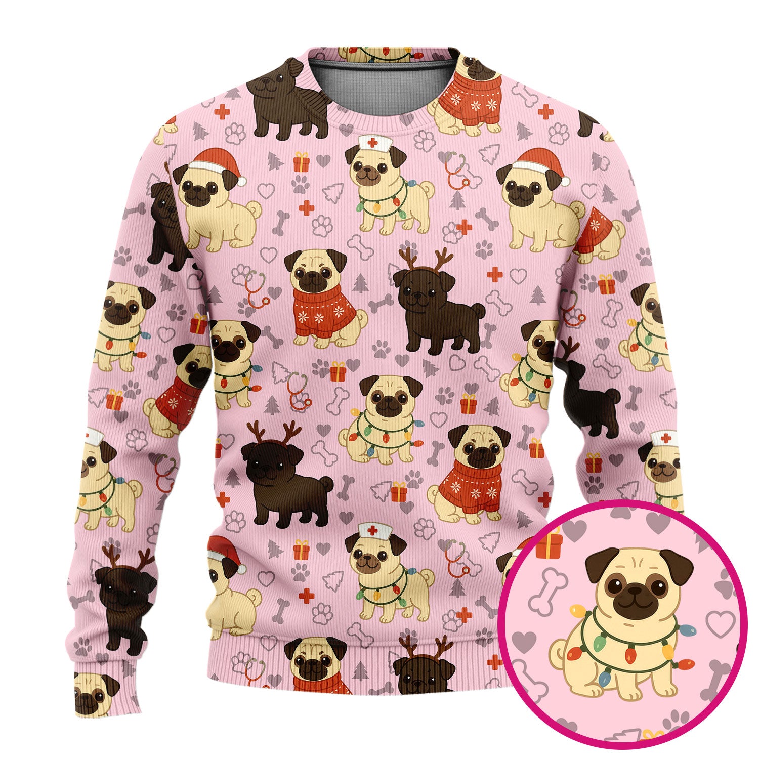 Funny Pug Christmas Nurse Scrub Set for Women - Cute Dog Pattern Holiday Medical Scrubs Top and Pants - Gift for RN LPN CNA