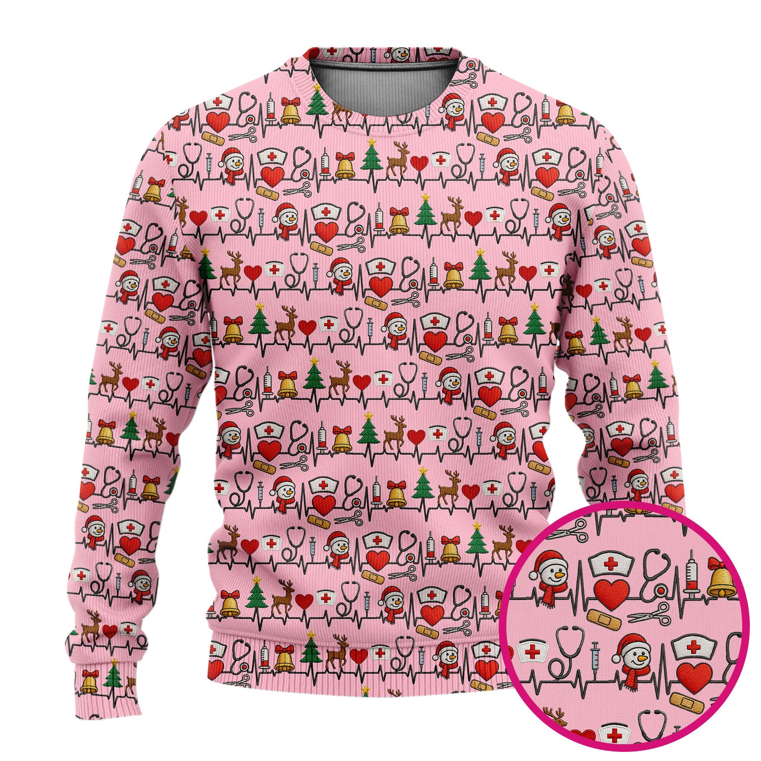 Cute Snowman Nurse Ugly Sweater, Christmas Holiday Medical Uniform For Nursing, Festive Heartbeat Print Nurse Sweater