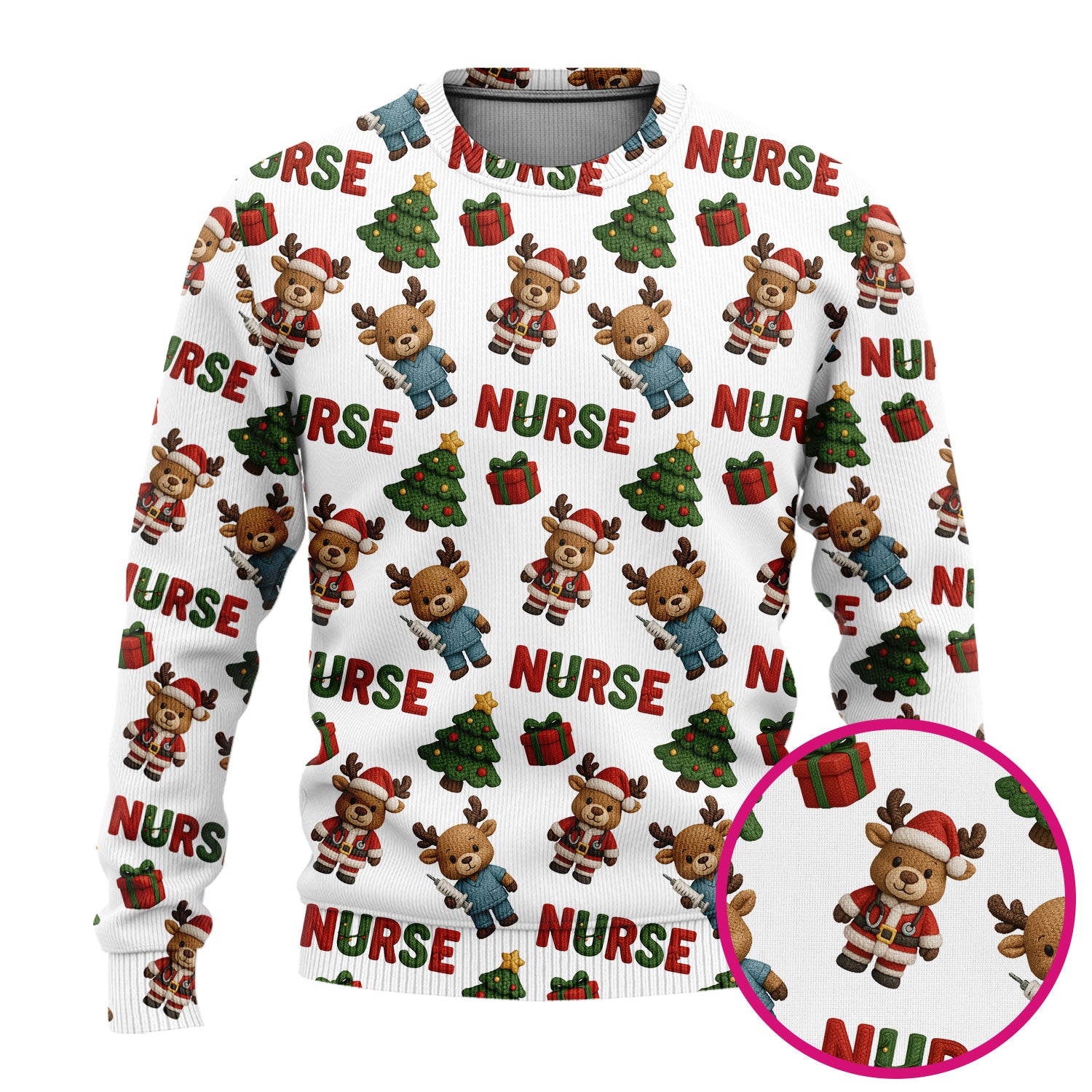 Reindeer Christmas Ugly Sweater, Cute Holiday Nurse Ugly Sweater, Festive Pattern Nursing Christmas Sweater