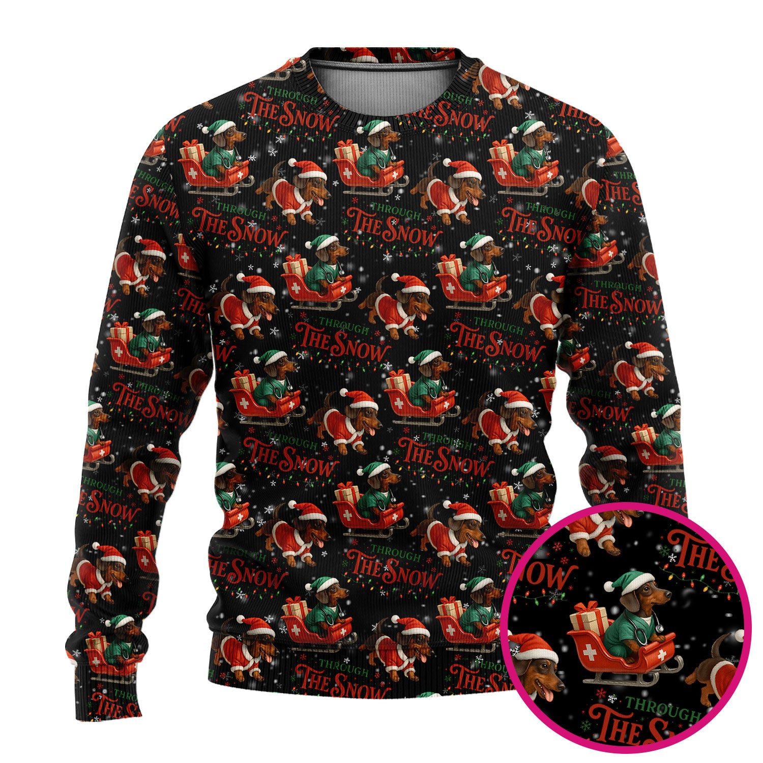 Dachshund Christmas Ugly Sweater, Cute Dog Nurse Sweater, Through The Snow Pattern Nursing Uniform