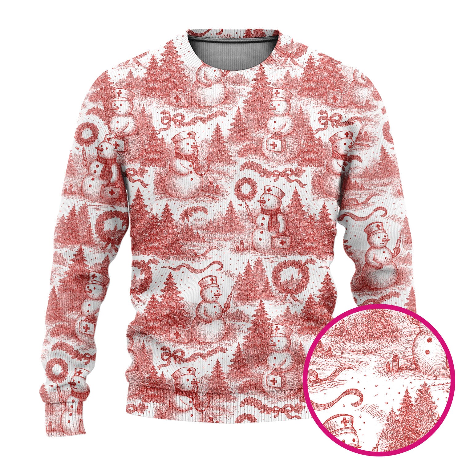 Toile de Jouy Christmas Scrubs Set – Elegant Snowman and Nurse Pattern – Classic Holiday Scrub Top and Pants for Women