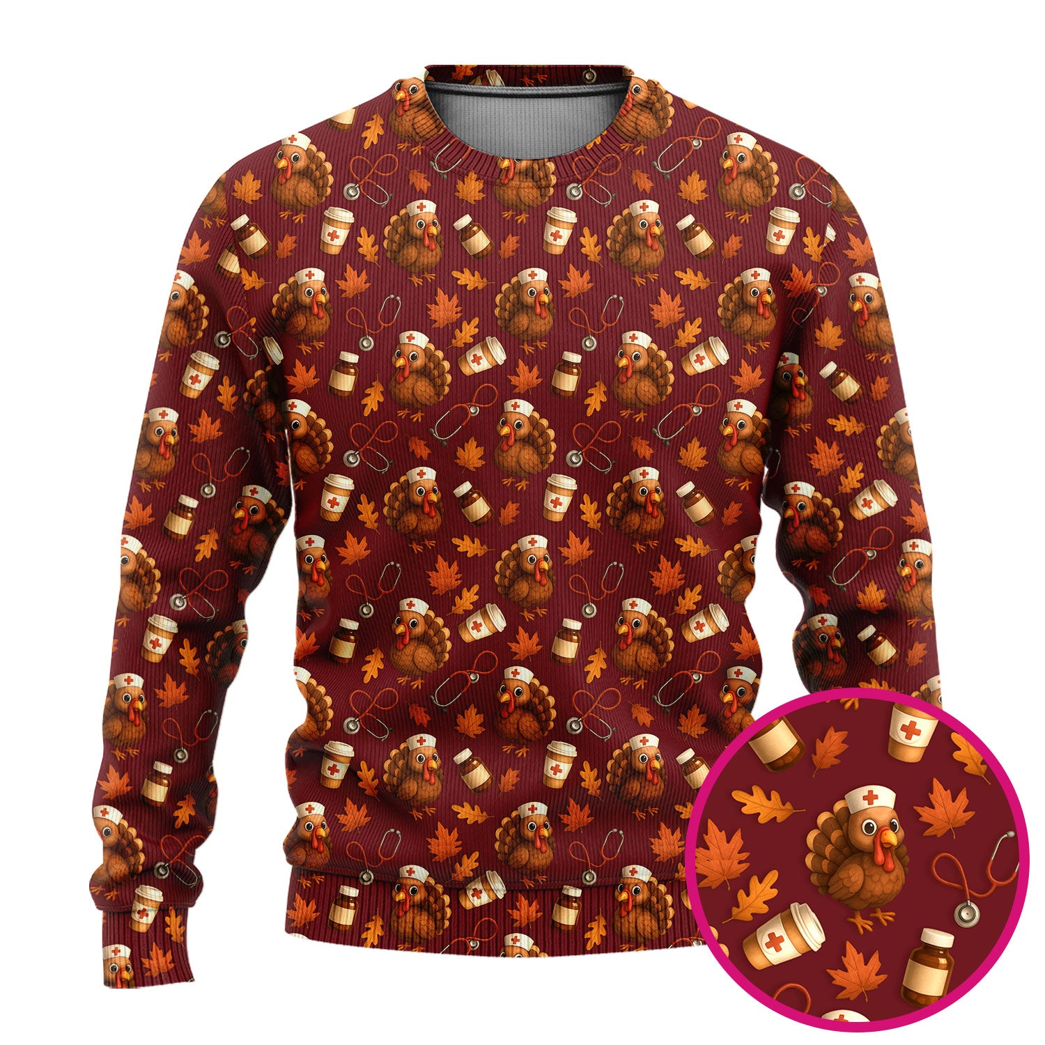 Turkey Pattern Thanksgiving Scrub Set - Fall Leaves and Nurse Tools Print Scrubs - Fun Autumn Medical Pants and Top Gift for RN CNA LPN