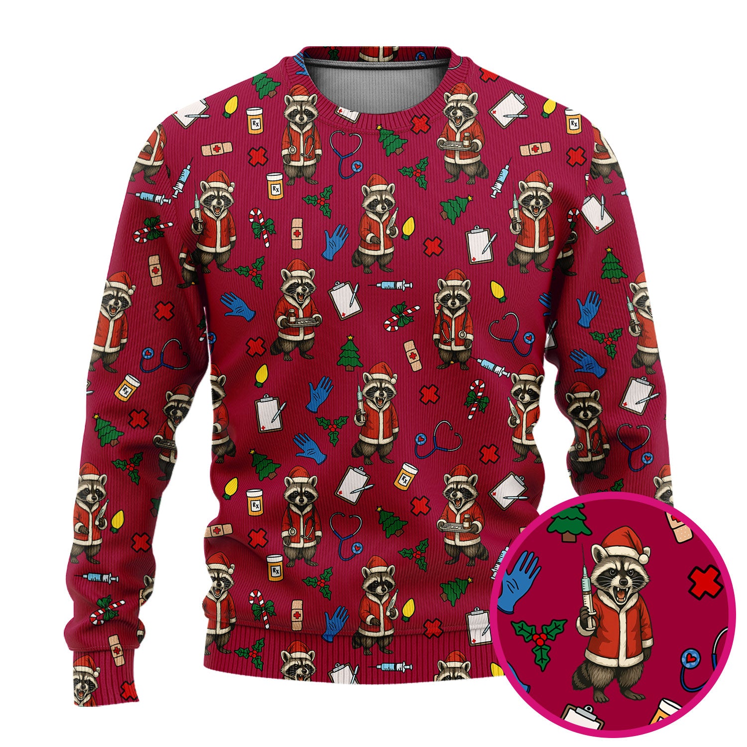 Christmas Raccoon Pattern Nurse Scrub Set - Funny Santa Medical Print Top and Pants - Holiday Gift for RN LPN CNA Women