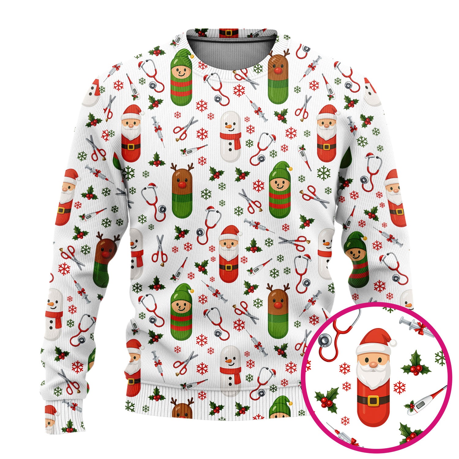 Santa Christmas Scrubs Set - Cute Holiday Pattern with Reindeer and Snowman - Fun Medical Scrub Top and Pants for Women Nurses