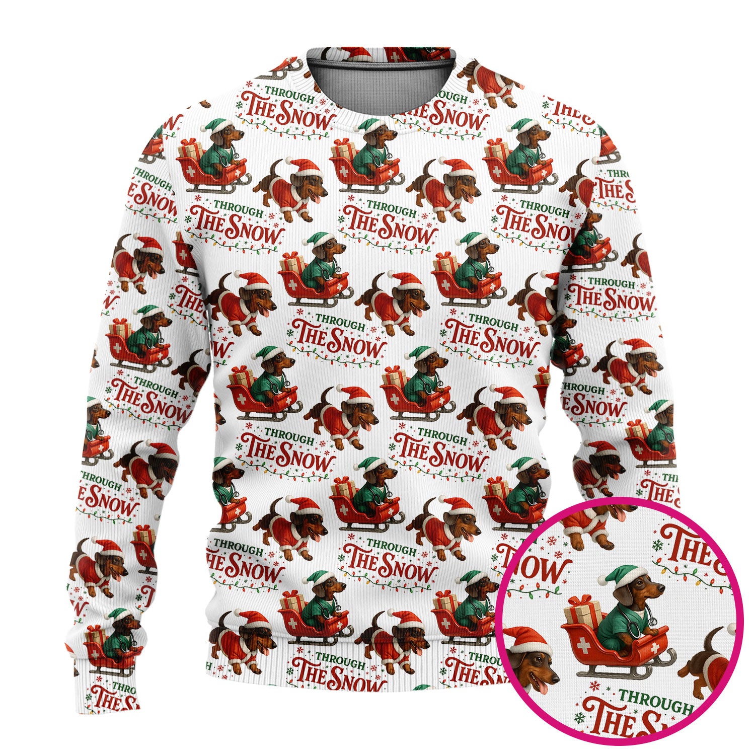 Dachshund Christmas Ugly Sweater, Cute Dog Nurse Sweater, Through The Snow Pattern Nursing Uniform