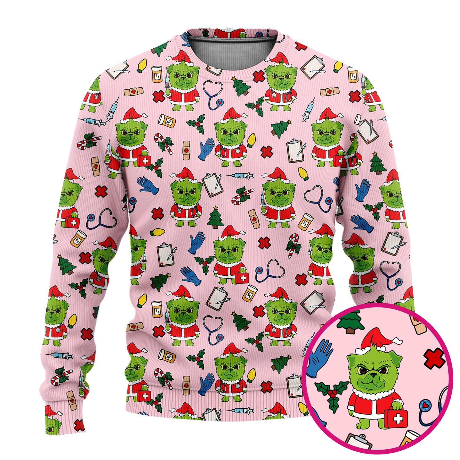 Funny Nurse Christmas Scrubs Set - Grumpy Dog Pattern with Medical Tools - Festive Holiday Scrub Top and Pants for Women