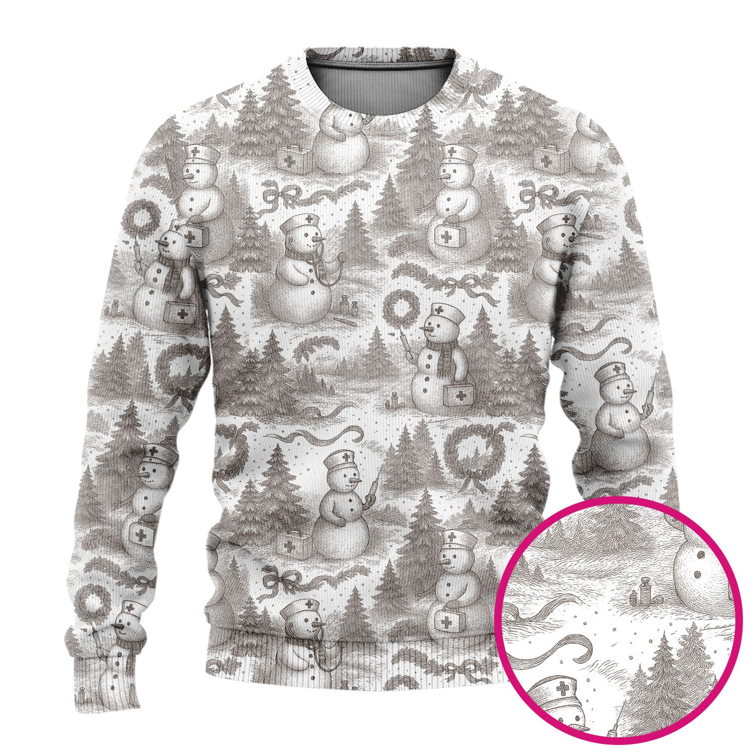 Toile de Jouy Christmas Scrubs Set – Elegant Snowman and Nurse Pattern – Classic Holiday Scrub Top and Pants for Women