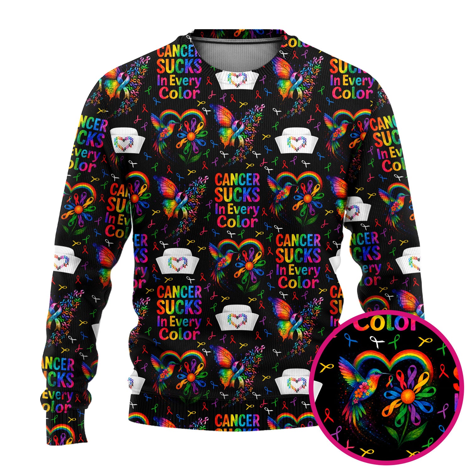Cancer Sucks in Every Color Scrub Set - Rainbow Ribbon Awareness Pattern - Supportive Nursing Gift for Women RN LPN CNA