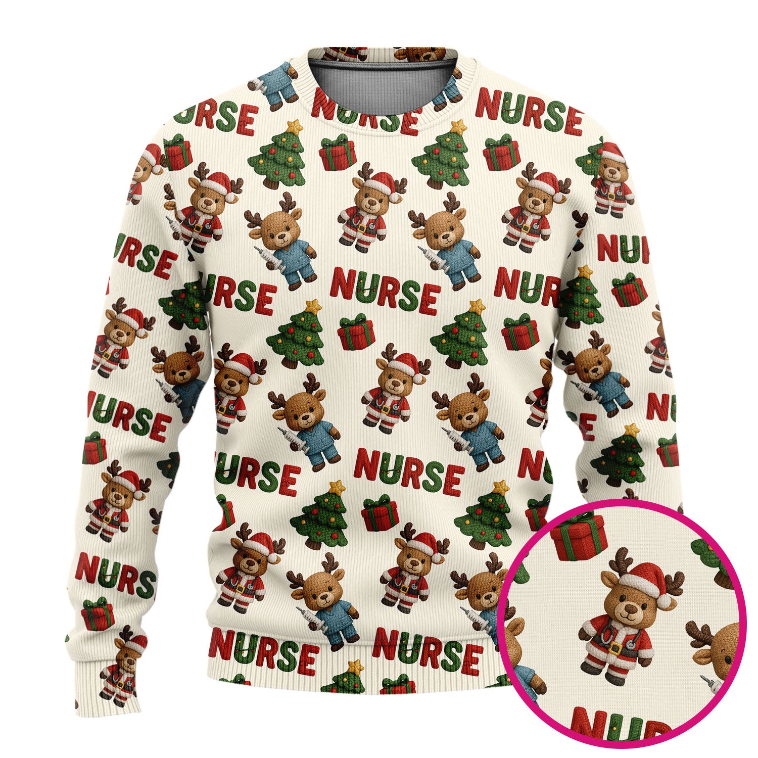Reindeer Christmas Ugly Sweater, Cute Holiday Nurse Ugly Sweater, Festive Pattern Nursing Christmas Sweater