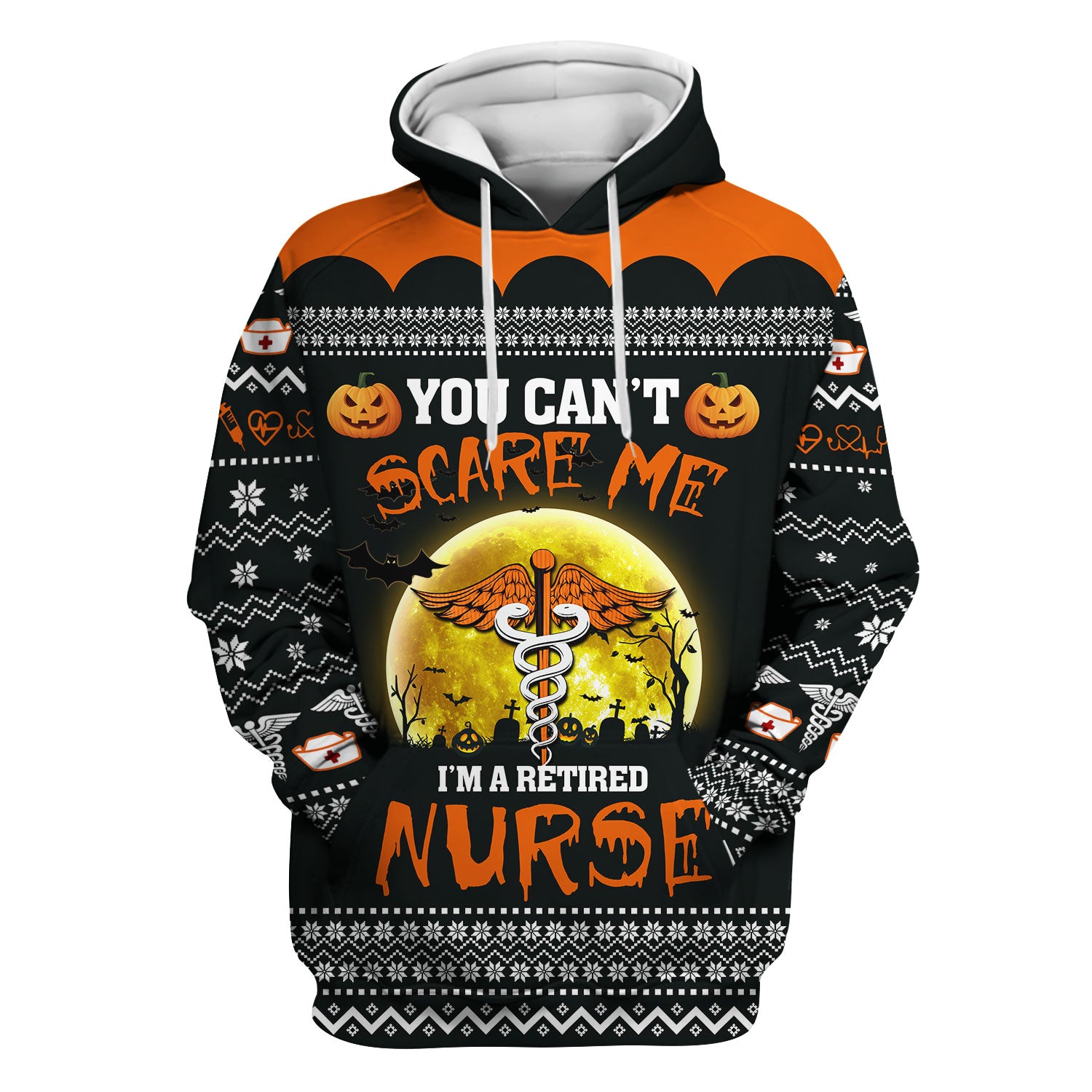 Funny Halloween Retired Nurse Scrub Top - You Can’t Scare Me Shirt - Spooky Pumpkin Medical Uniform Gift for RN LPN CNA