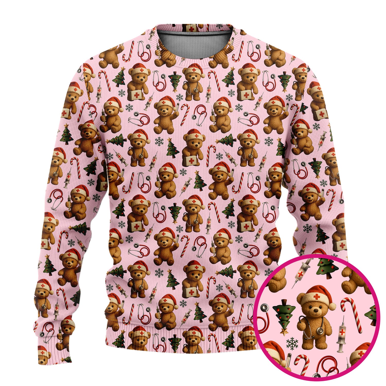 Gingerbread Bear Nurse Christmas Scrub Set - Cute Holiday Medical Pattern with Stethoscopes & Candy Canes - Festive Scrubs for Women