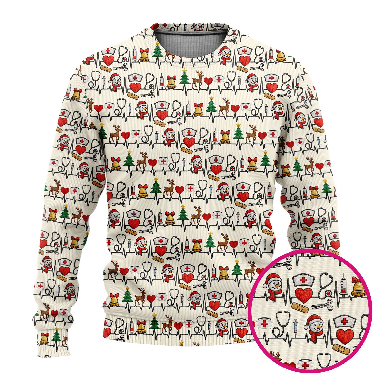 Cute Snowman Nurse Ugly Sweater, Christmas Holiday Medical Uniform For Nursing, Festive Heartbeat Print Nurse Sweater