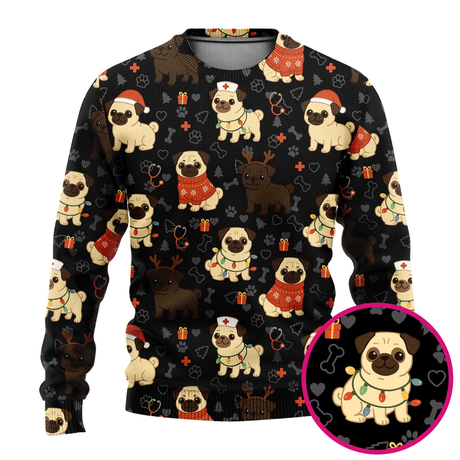 Funny Pug Christmas Nurse Scrub Set for Women - Cute Dog Pattern Holiday Medical Scrubs Top and Pants - Gift for RN LPN CNA