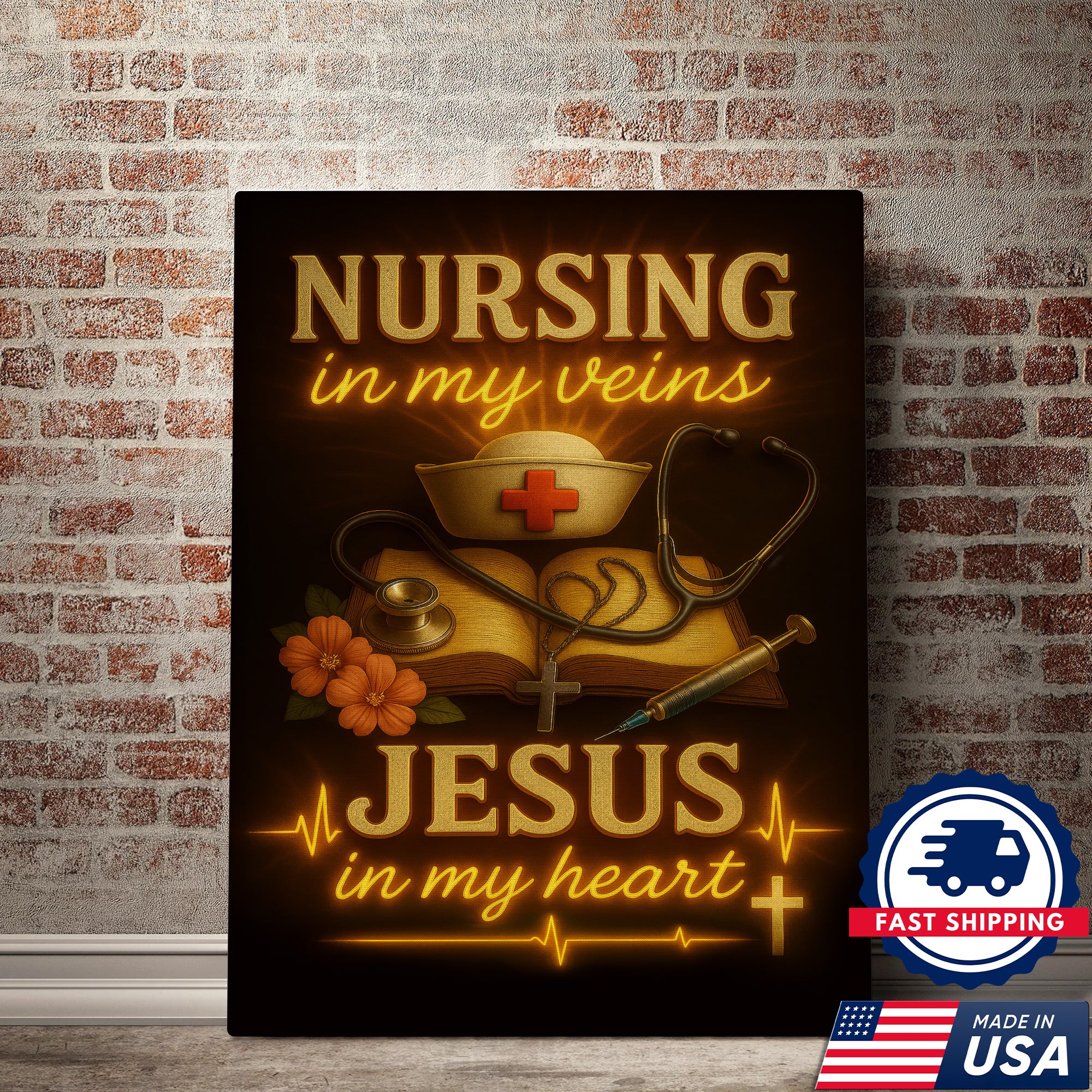 Christian Nurse Wall Art Canvas, Nursing in My Veins Jesus in My Heart, Gift for RN CNA LPN Women