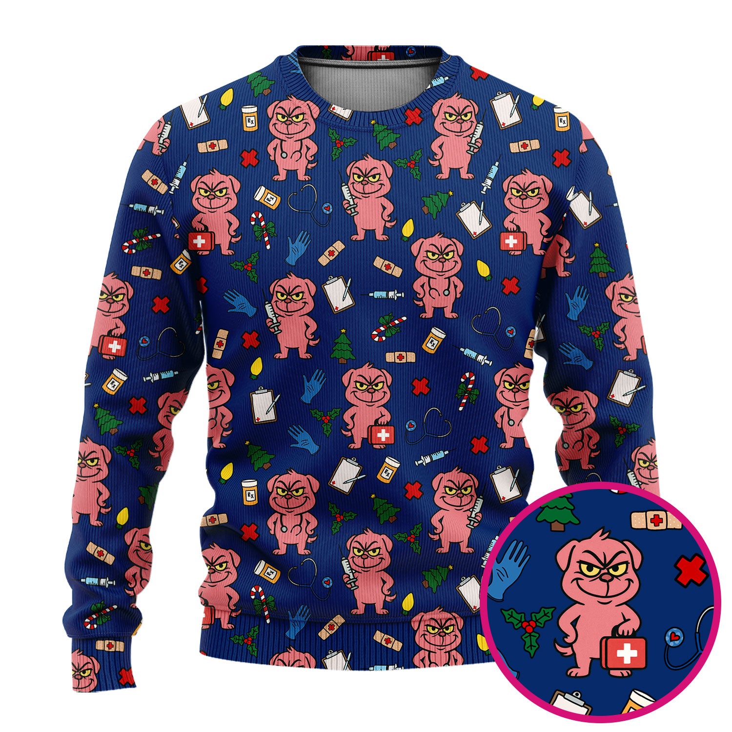 Christmas Scrub Set for Nurses - Funny Pink Dog Pattern - Holiday Nurse Scrubs with Tree, Bandage and Stethoscope Print