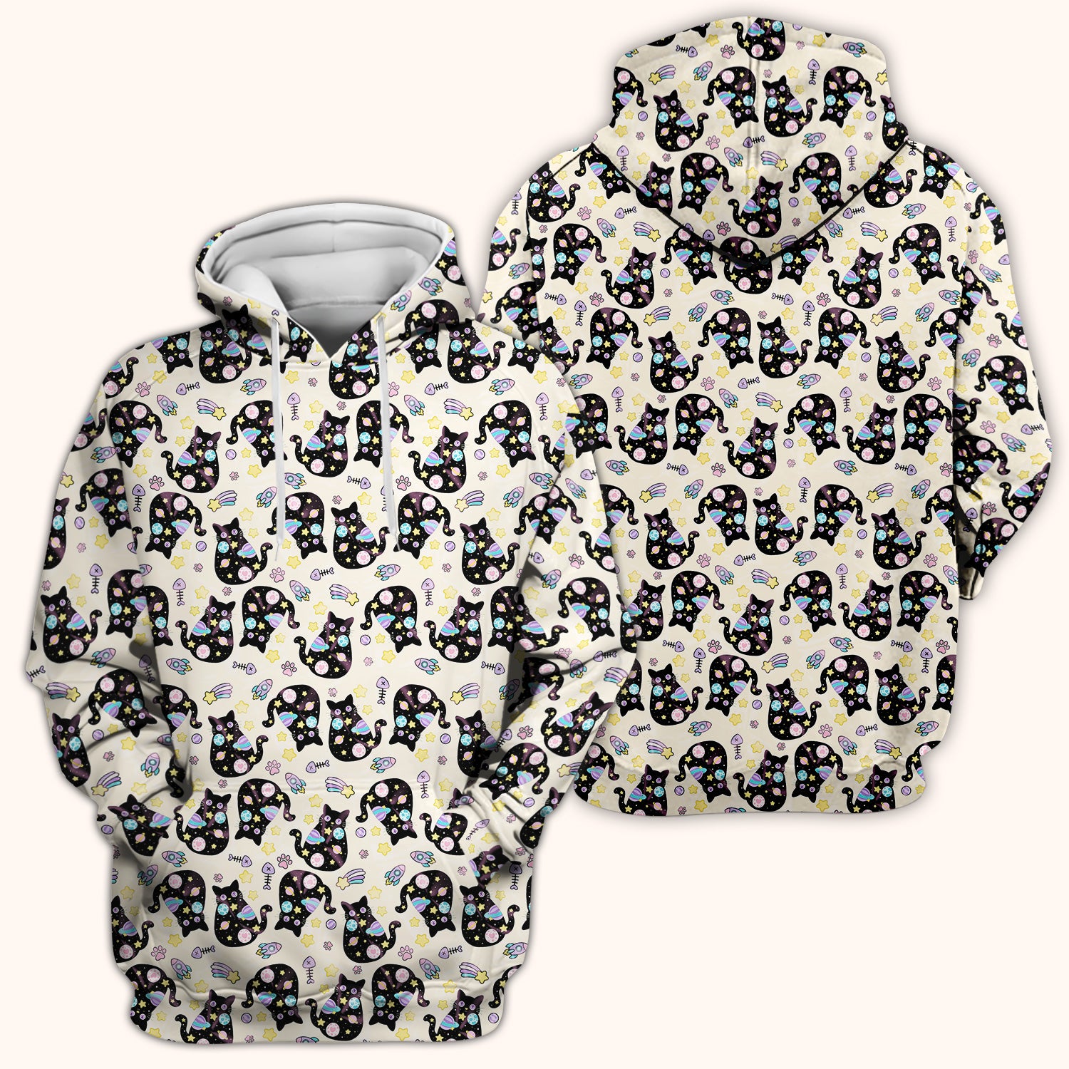 Galaxy Black Cat Space Pattern Scrub Top, Breathable Fabrics Nursing Uniform