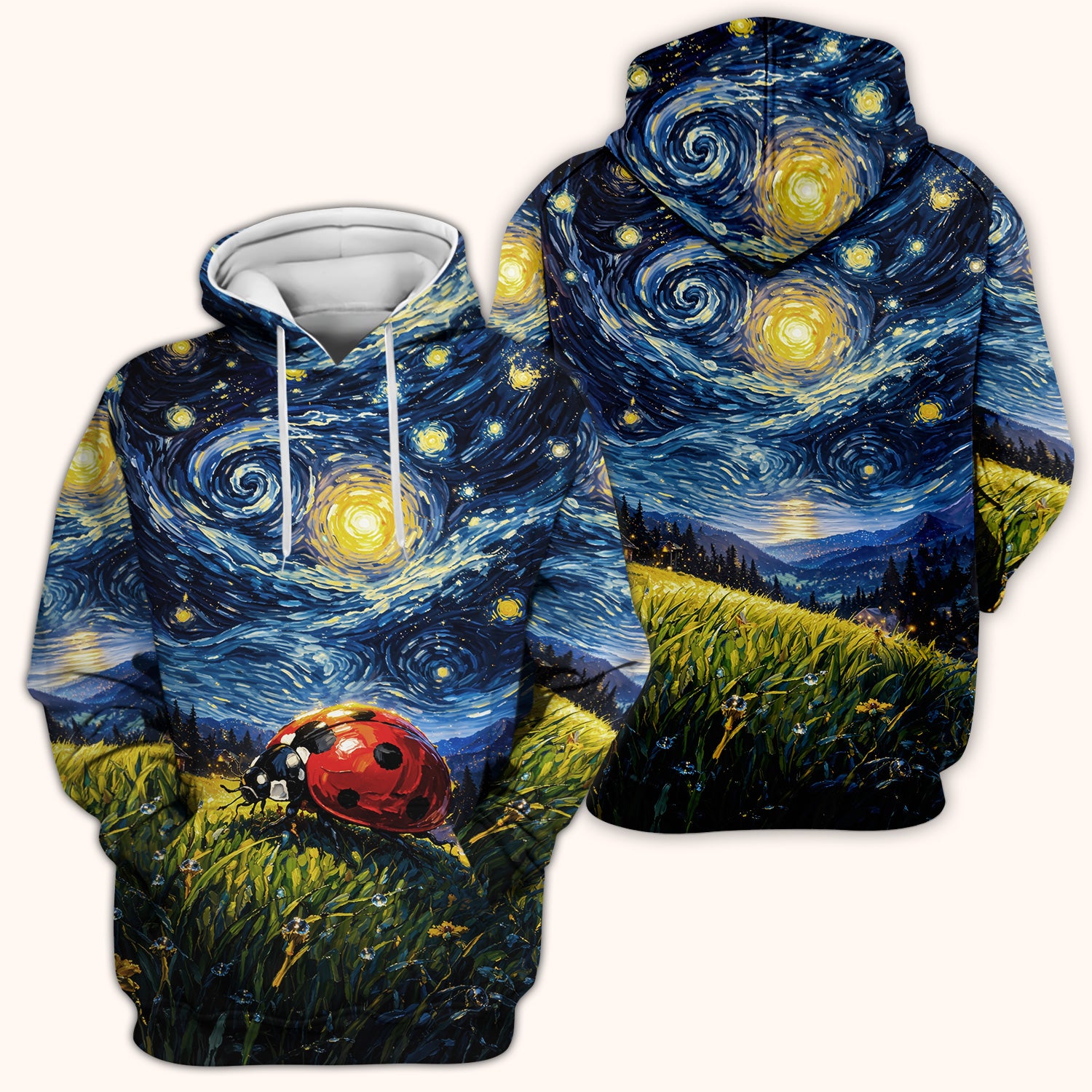 Swirl Night Sky Ladybug Landscape Art Print Scrub Top, Artistic Nature Nursing Uniform for Women