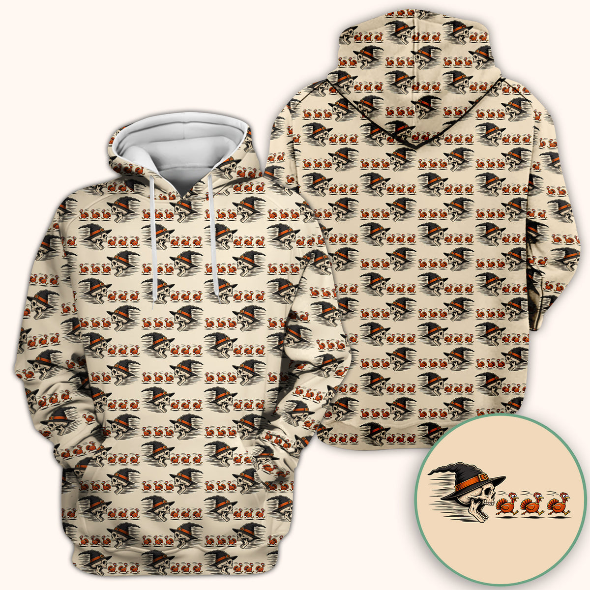 Funny Thanksgiving Skull Chasing Turkeys Pattern Scrub Top, Comfortable Scrubs for Nurses