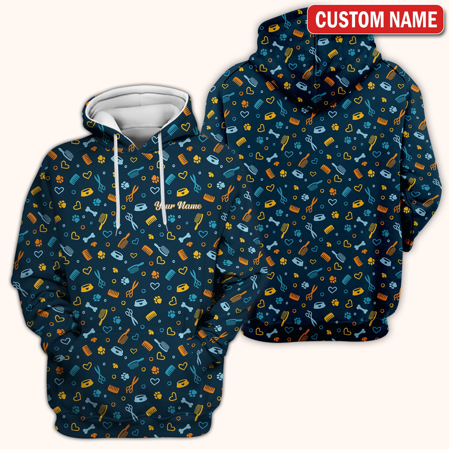 Custom Name Dog Cat Grooming Pattern Scrub Top, Breathable Fabrics Nursing Uniform