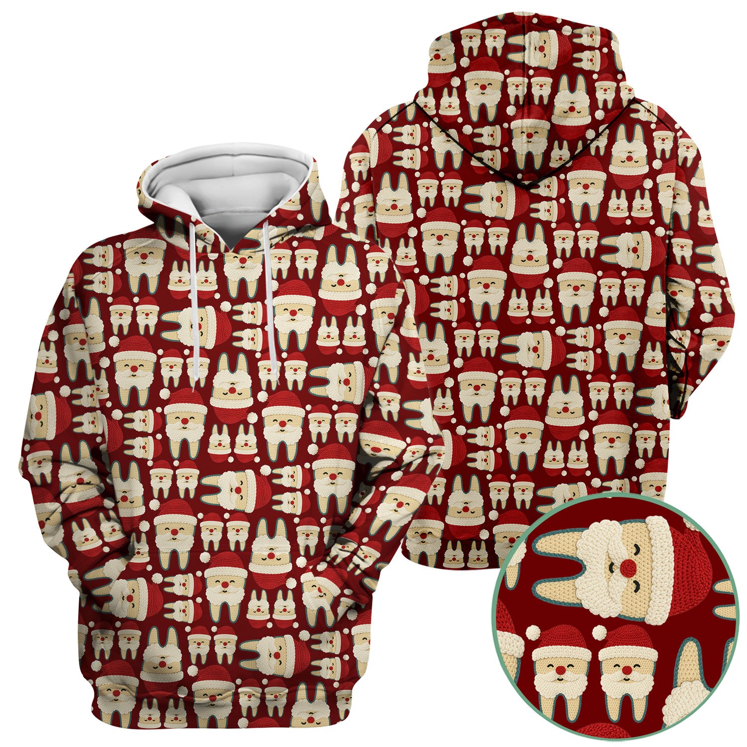 Christmas Tooth Scrub Top - Cute Santa Tooth Pattern for Dentists & Hygienists - Crochet Style Holiday Medical Uniform for Women