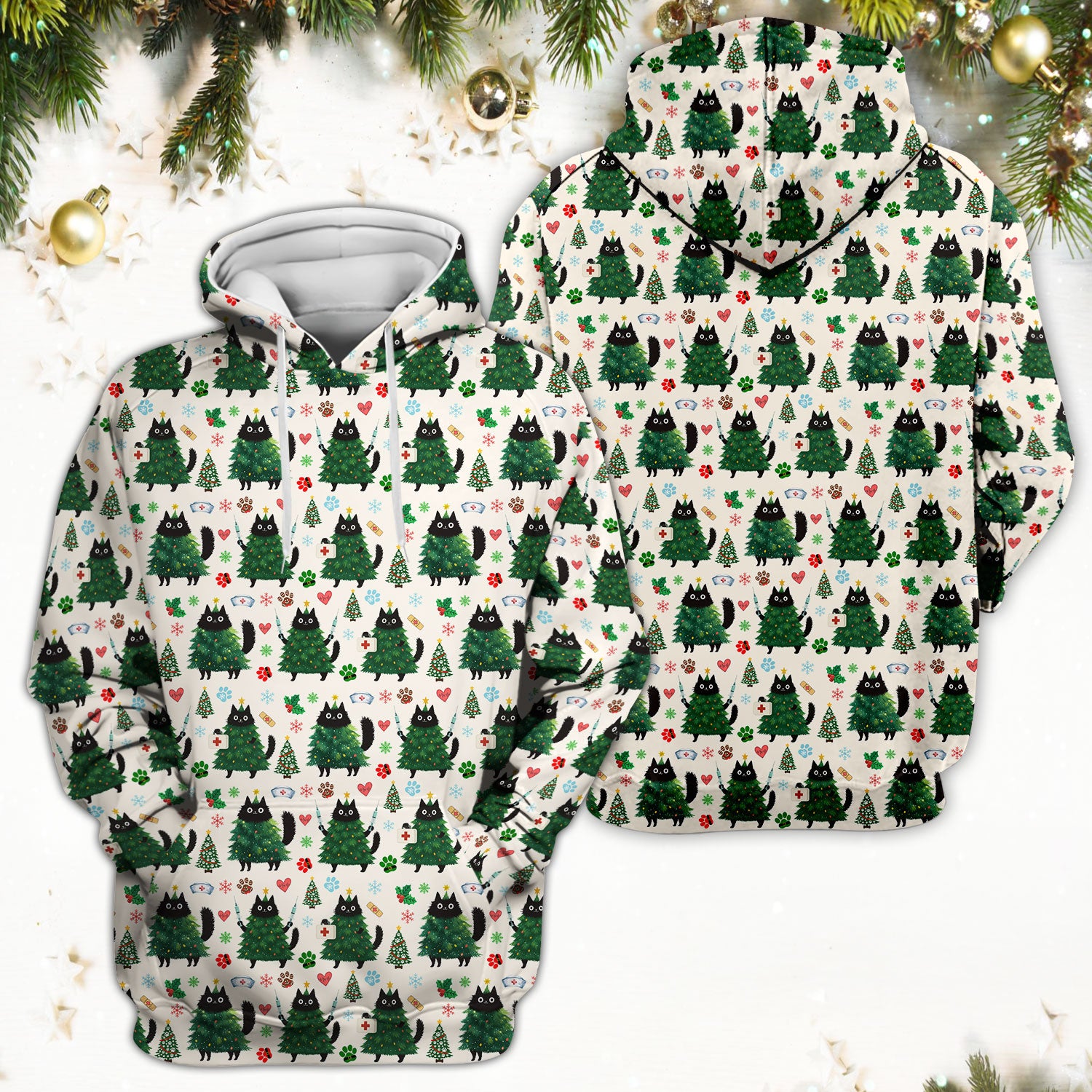 Christmas Nurse Scrub Top, Xmas Black Cat Pattern Nurse Shirt,  Breathable Fabrics Nursing Uniform