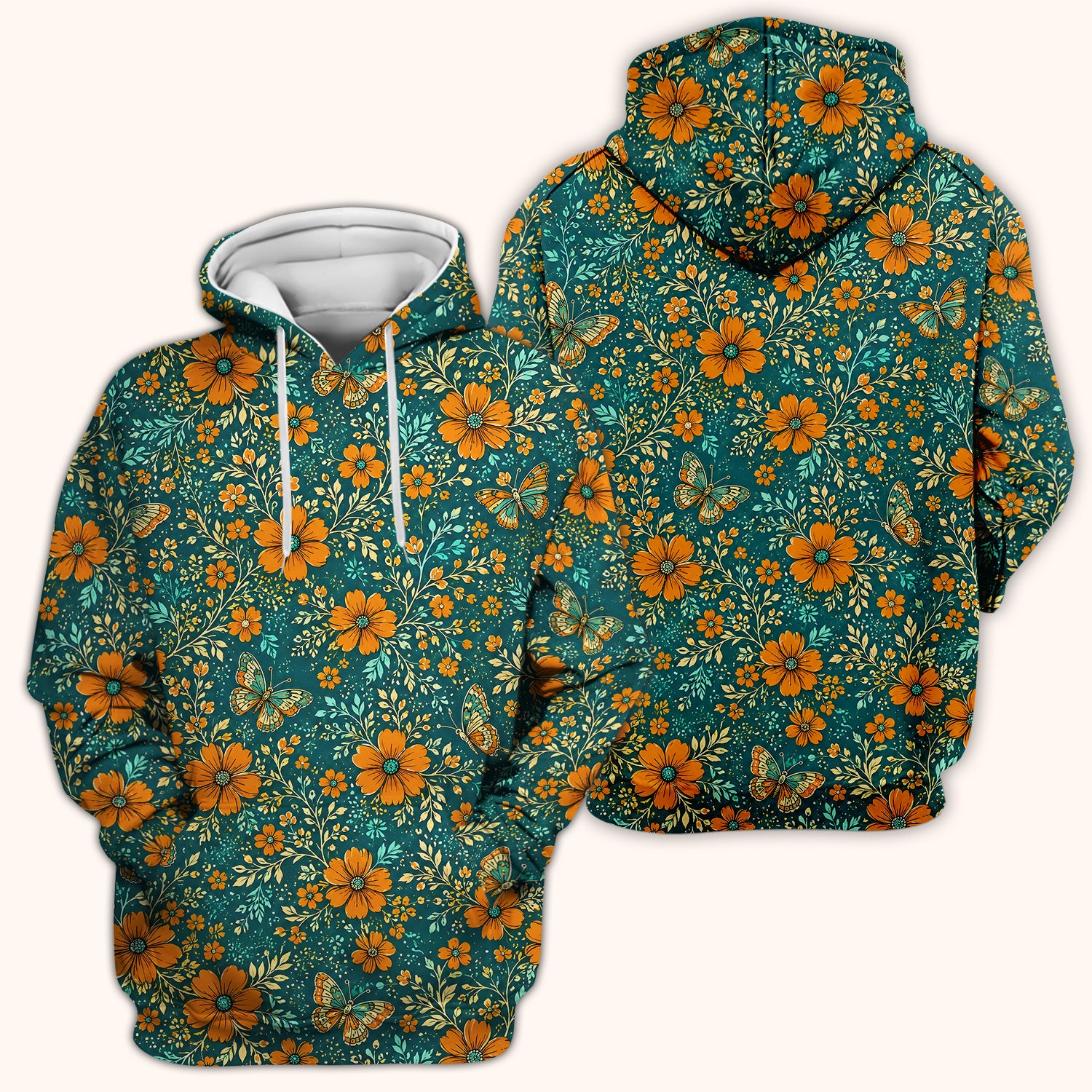 Orange Floral Butterfly Vine Pattern Scrub Top, Comfortable Scrubs for Nurses
