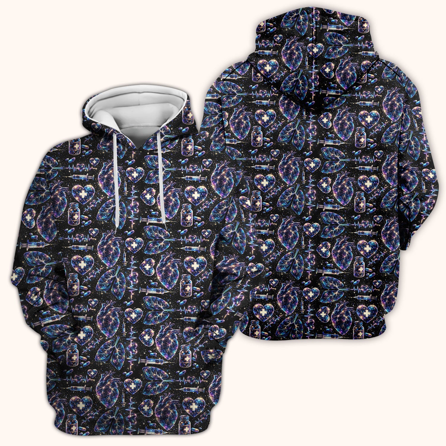 Galaxy Anatomical Heart Lung Syringe Print Scrub Top, Breathable Fabrics Nursing Uniform