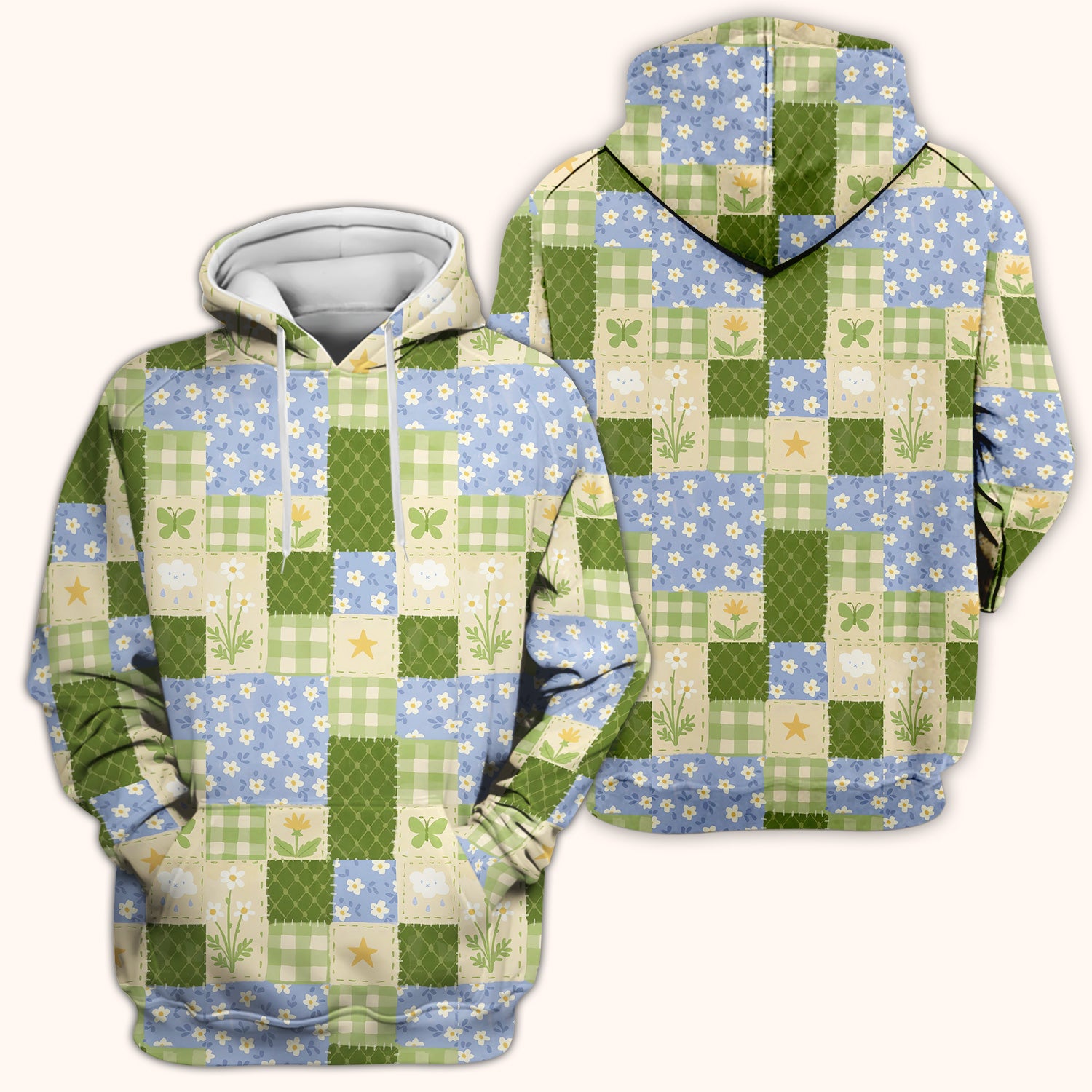 Green Patchwork Clover Floral Pattern Scrub Top, Comfortable Scrubs For Nurses
