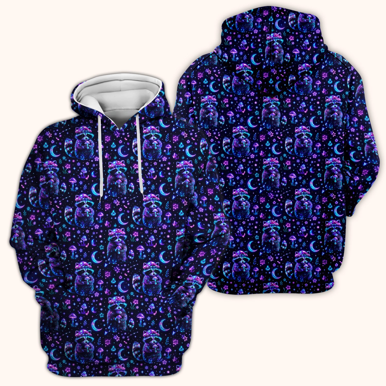 Neon Mushroom Raccoon Moonlight Pattern Scrub Top, Comfortable Scrubs for Nurses