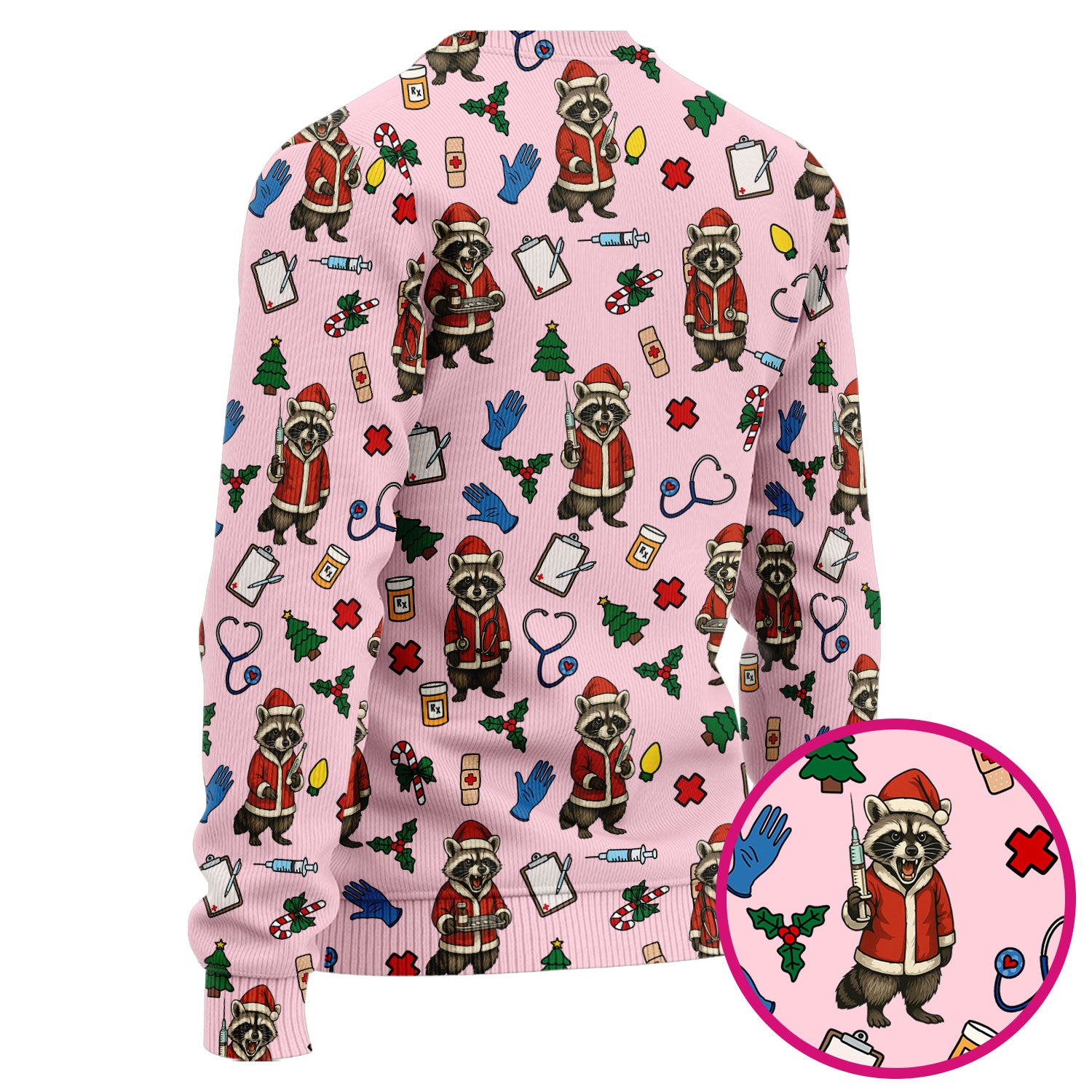 Christmas Raccoon Pattern Nurse Scrub Set - Funny Santa Medical Print Top and Pants - Holiday Gift for RN LPN CNA Women