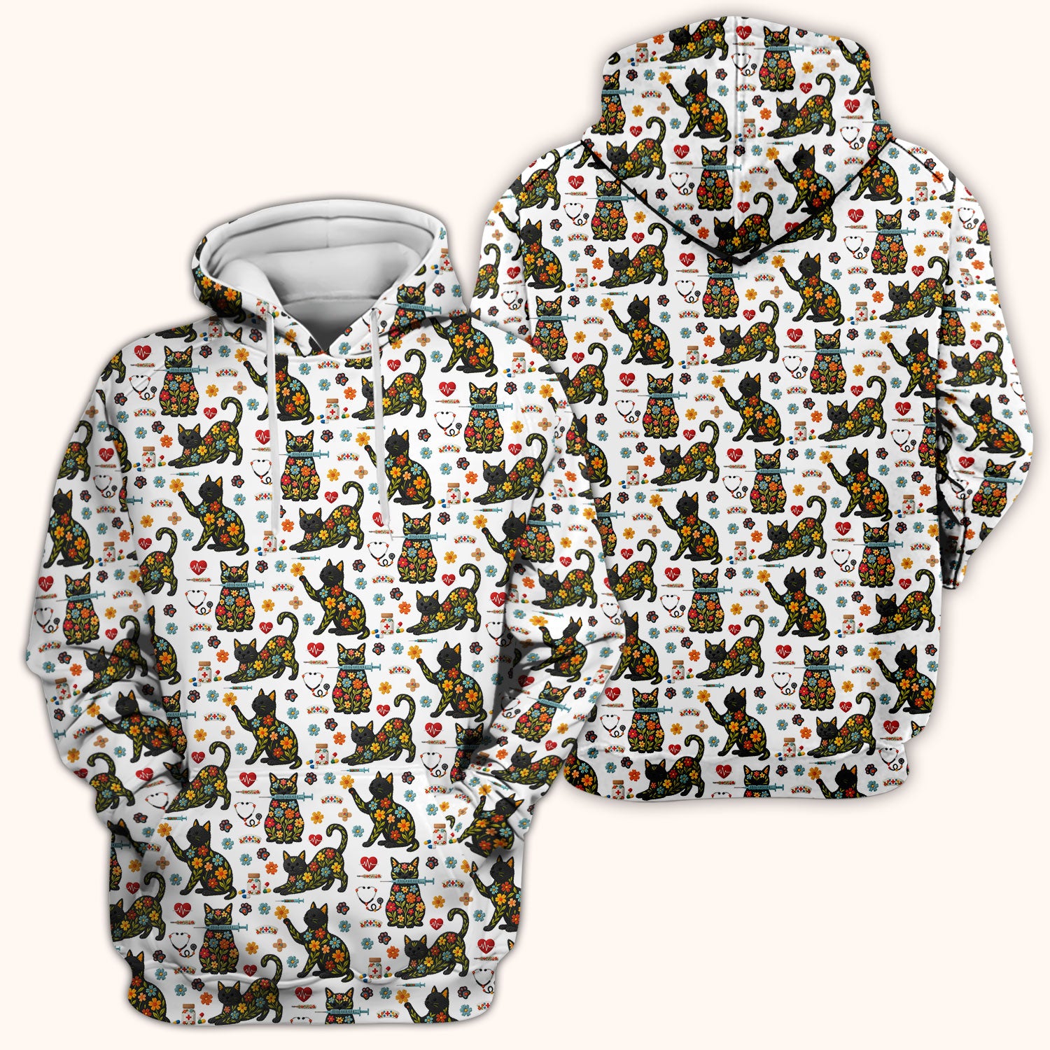Floral Black Cat Pattern Scrub Top, Cute Cat Nurse Scrub Shirt, Medical Nursing Uniform
