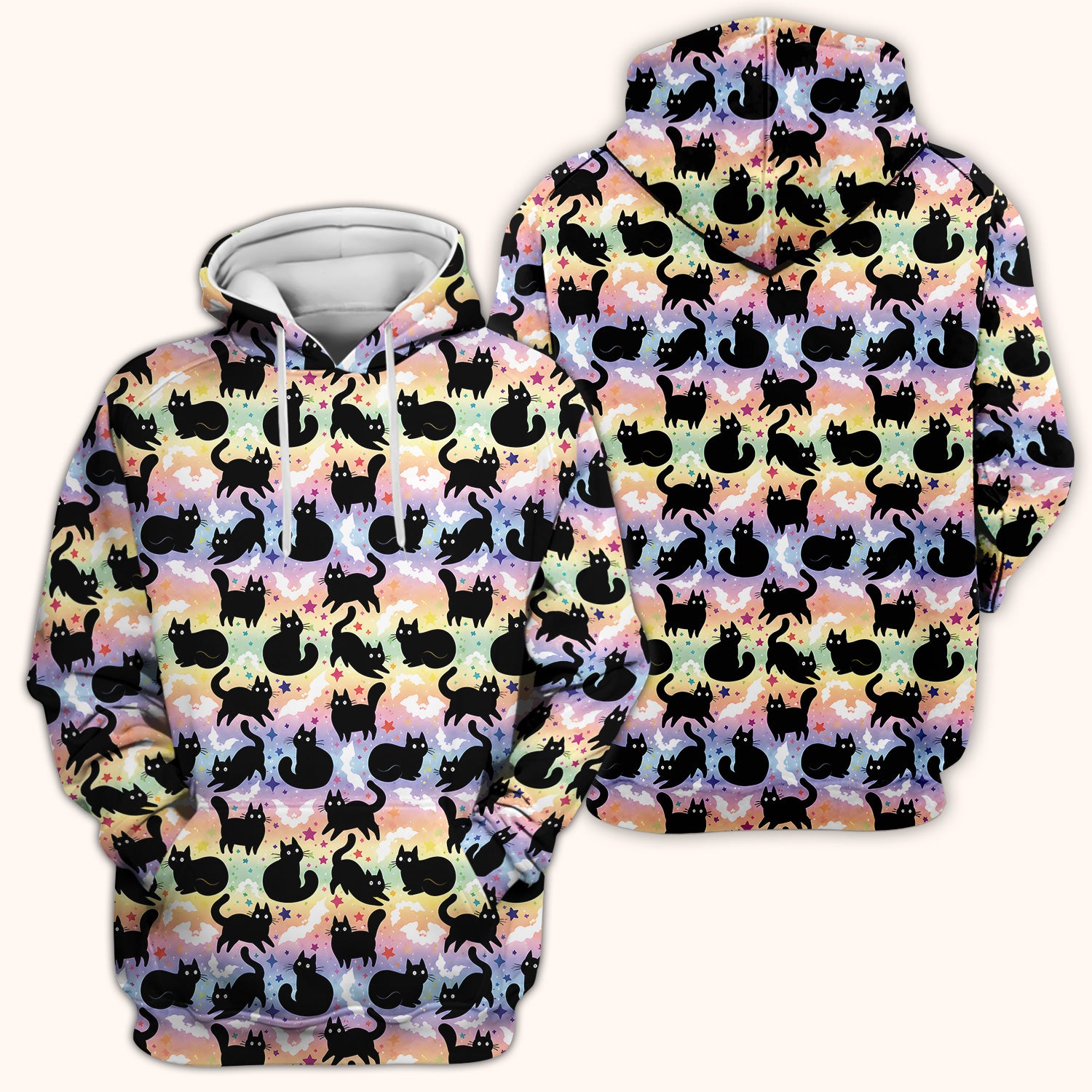 Pastel Star Black Cat Pattern Scrub Top for RN, CNA, Cat Lover Uniform