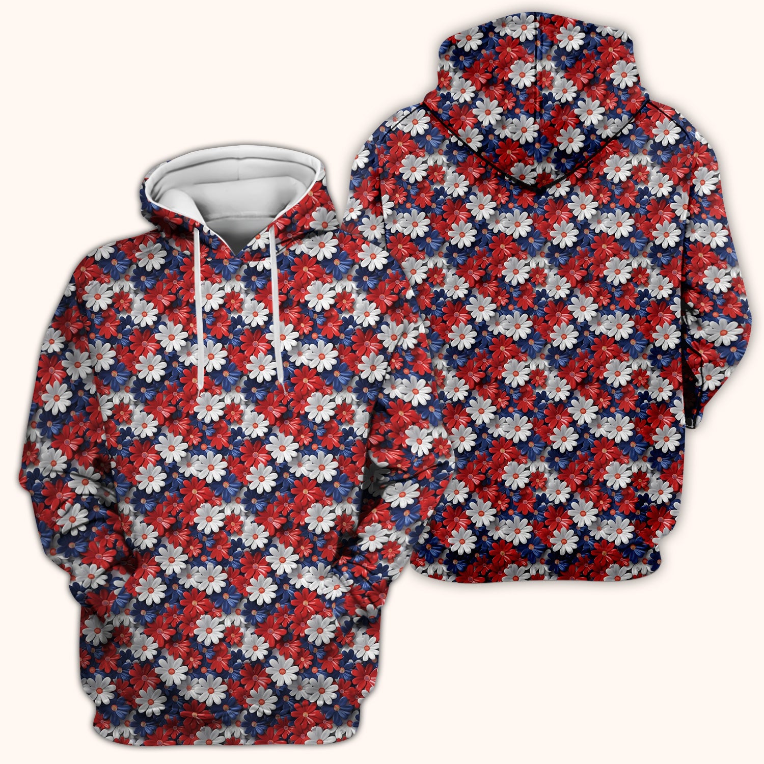 Festive Patriotic Daisy Bloom Pattern Scrub Top, Comfortable Scrubs for Nurses