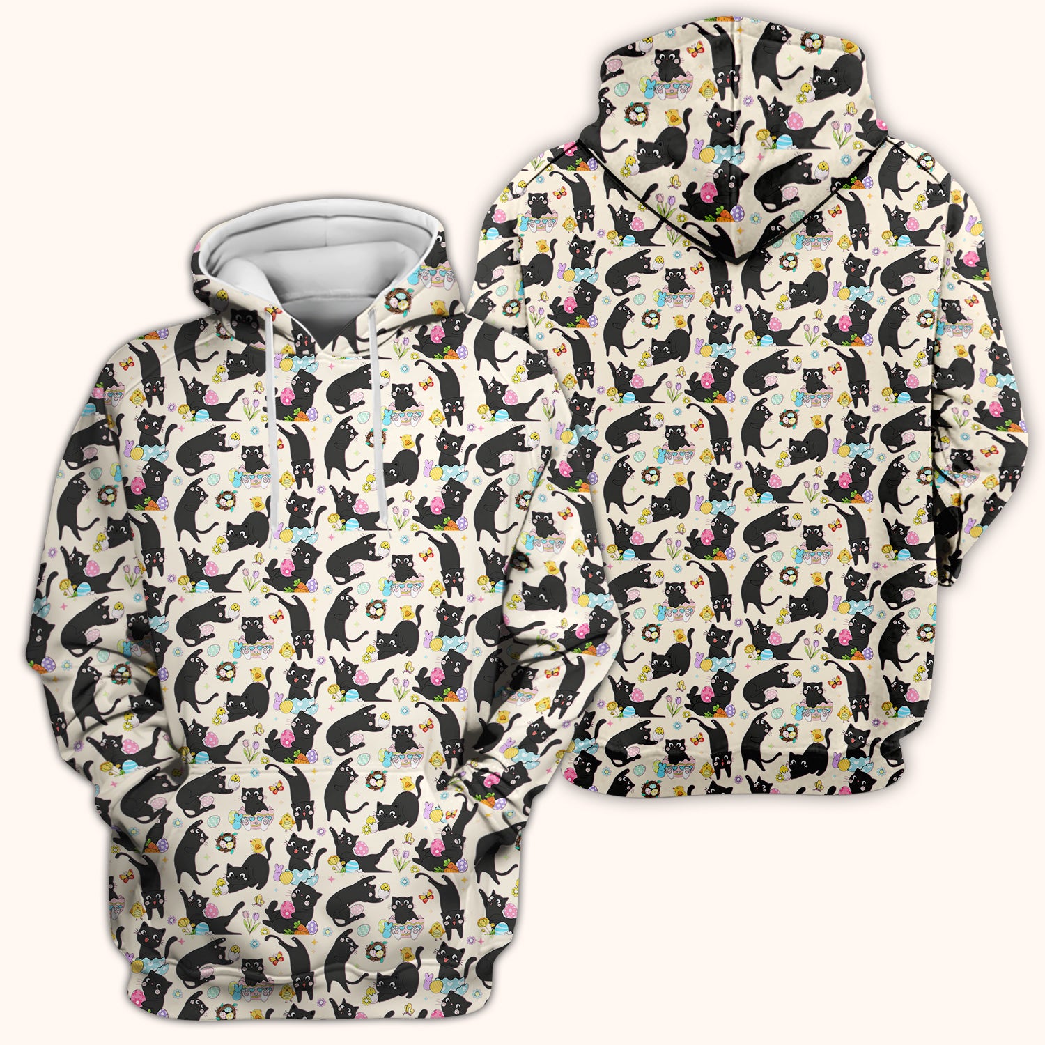 Playful Black Cat Easter Egg Pattern Scrub Top, Comfortable Scrubs for Nurses