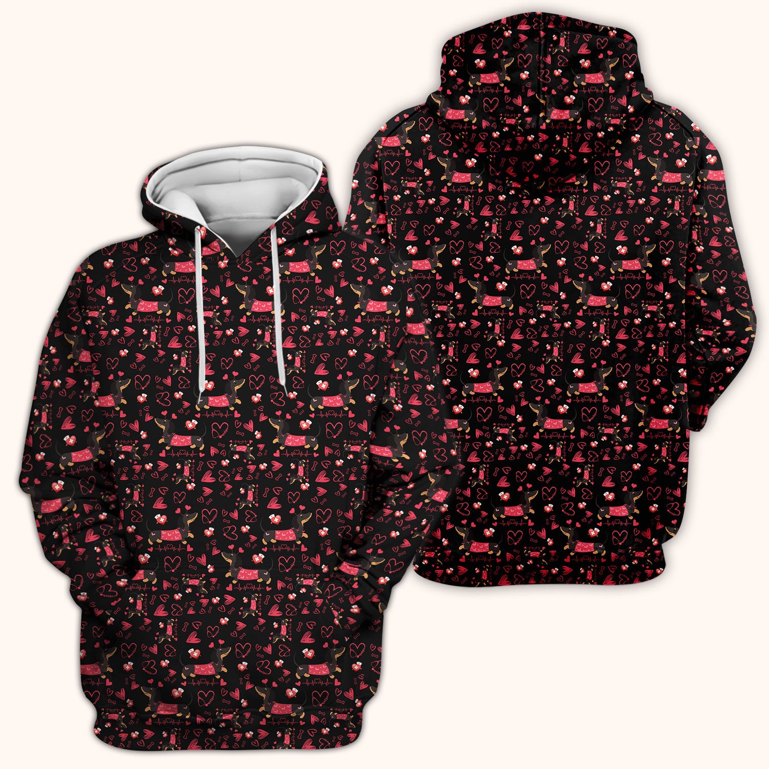 Dachshund Valentine Scrub Top, Cute Wiener Dog Heart Pattern Nurse Shirt, Breathable Fabrics Nursing Uniform