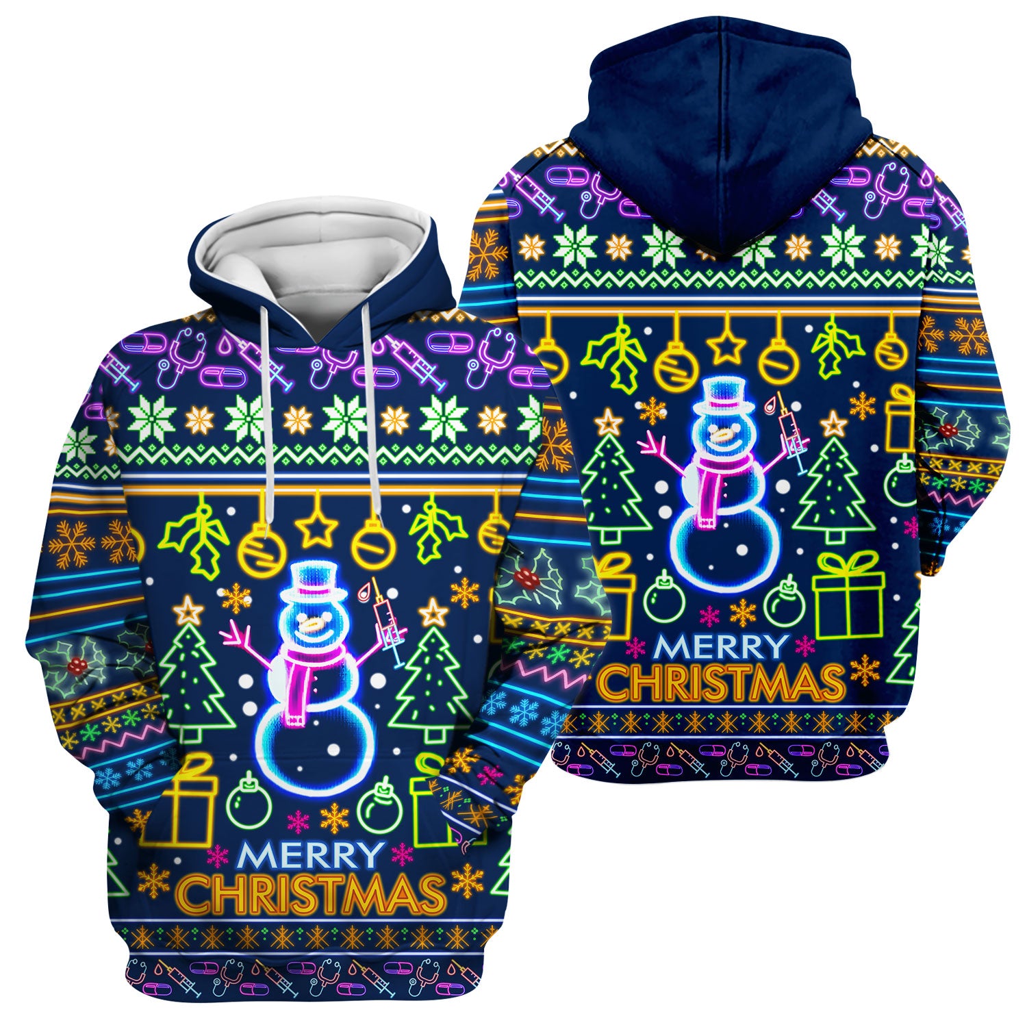 Neon Snowman Christmas Scrub Top for Nurses - Merry Christmas Holiday Lights Pattern - Funny Festive Medical Uniform for RN LPN CNA