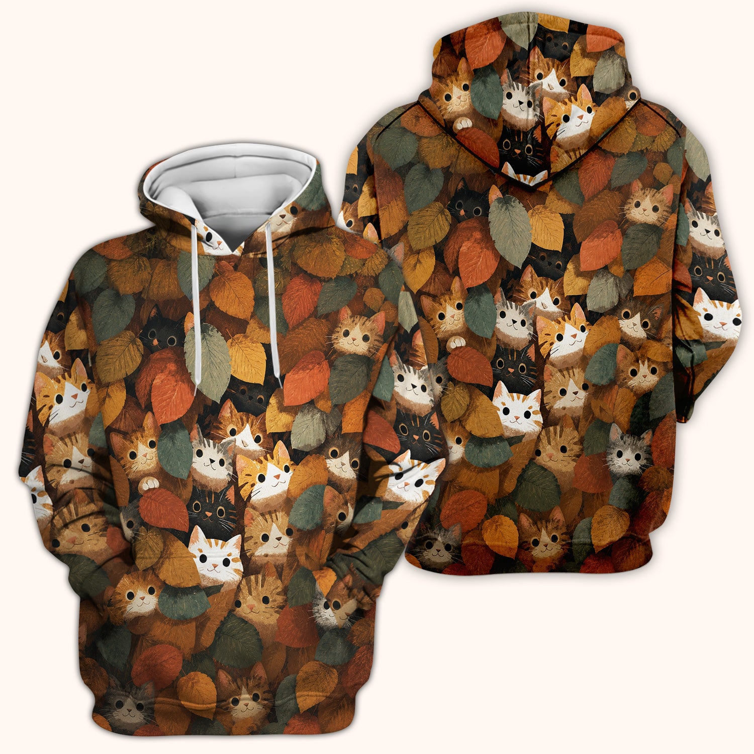 Cute Autumn Cat Leaf Pile Pattern Scrub Top, Comfortable Scrubs for Nurses