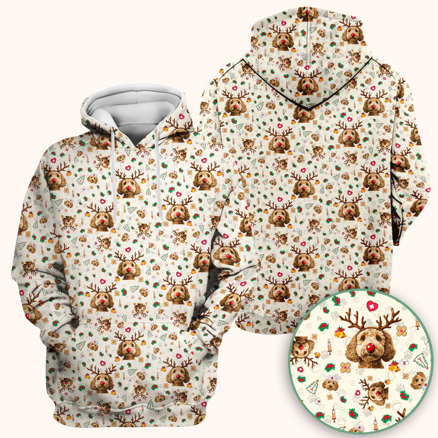 Labradoodle Reindeer Christmas Scrub Top - Funny Dog Nurse Shirt - Cute Holiday Medical Uniform for Women RN LPN CNA Gift