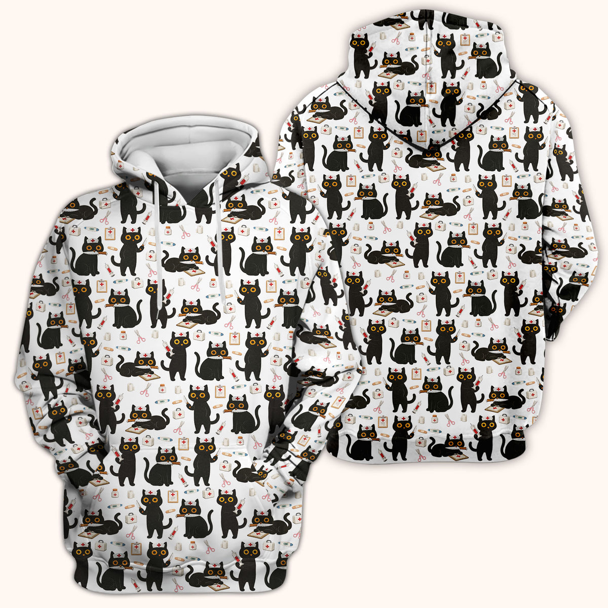 Cute Black Cat Nurse Pattern Scrub Top, Comfortable Scrubs for Nurses