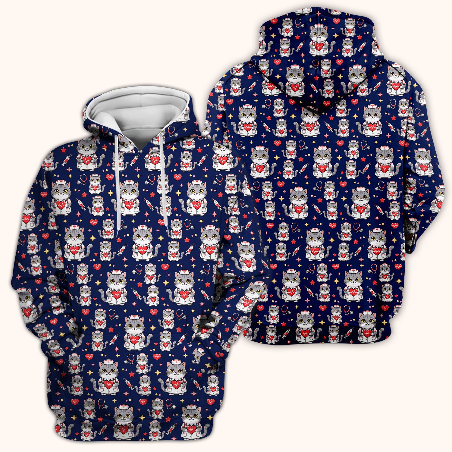 Cute Nurse Cat Heart Medical Print Scrub Top, Comfortable Scrubs for Nurses