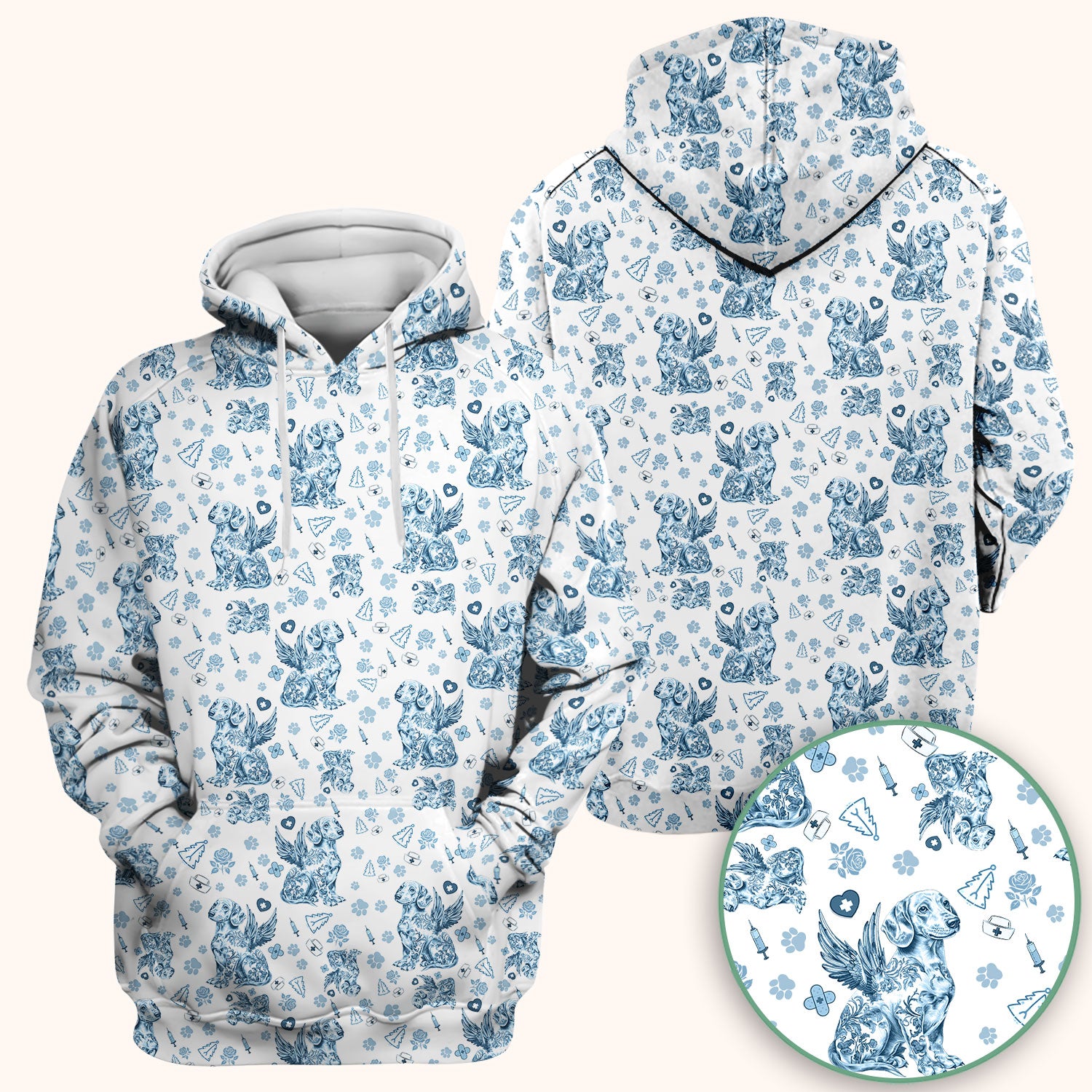 Toile de Jouy Dachshund Angel Scrub Top - Blue Vintage Dog Nurse Shirt - Memorial Christmas Gift